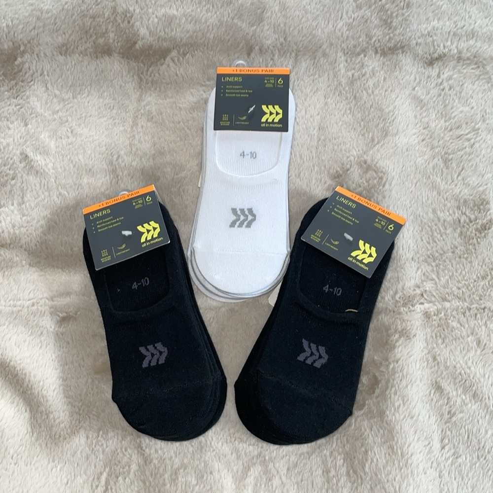 NWT All In Motion Sock Bundle 
2 sets of black (14 pairs) 1 set of white(7pairs)